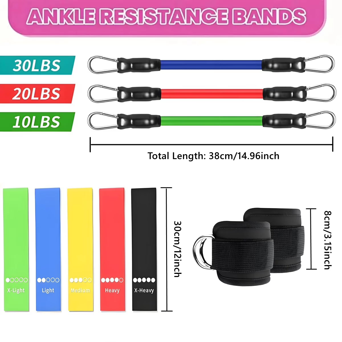 Ankle resistance bands size chart – 10, 20 and 30 lbs with dimensions