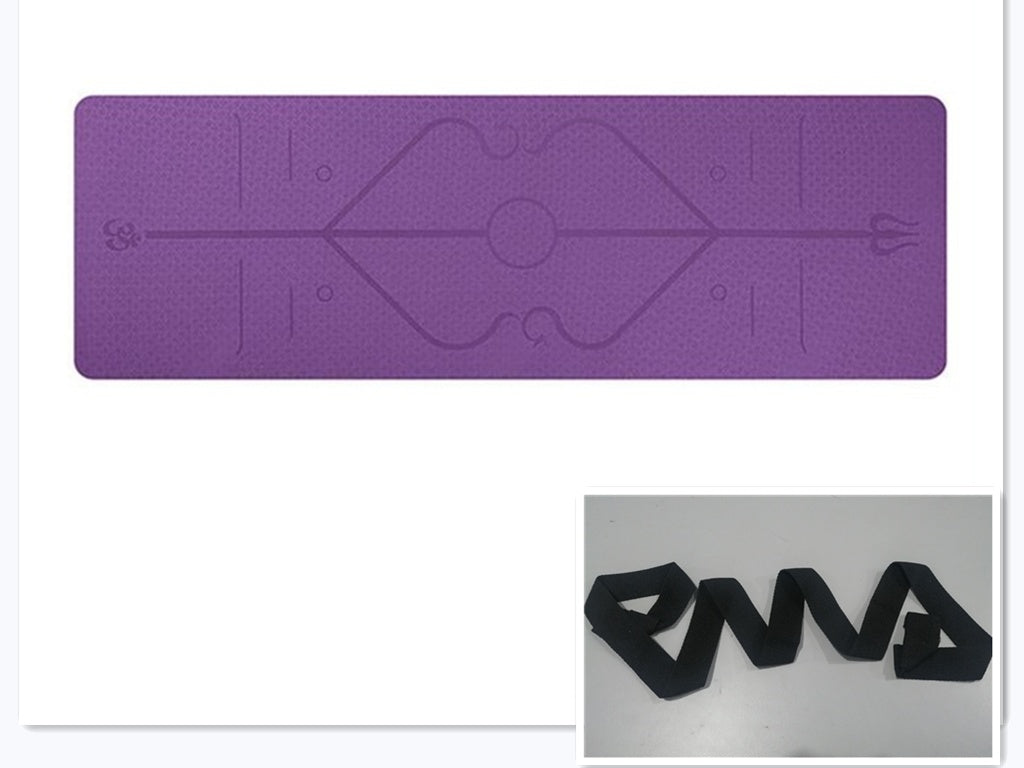 Pink TPE yoga mat with position lines – rolled and flat product view