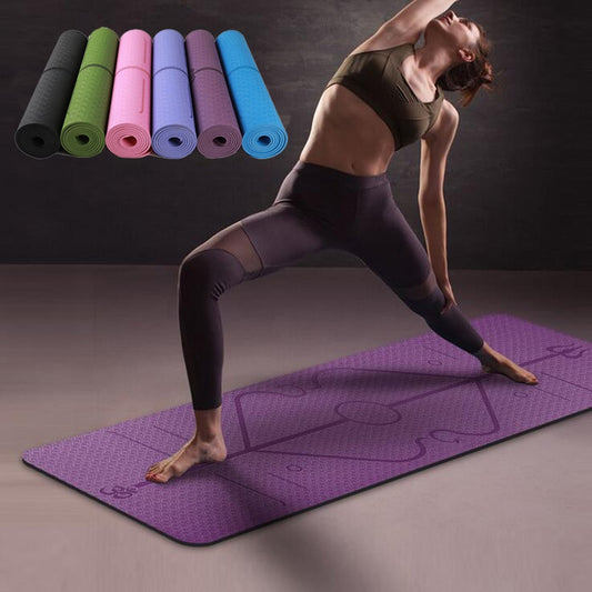 TPE yoga mat with position lines – woman doing warrior pose, 5 color options shown
