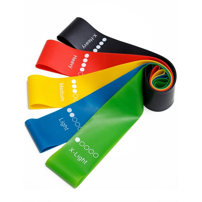 5 latex yoga resistance bands fanned out showing all 5 resistance levels