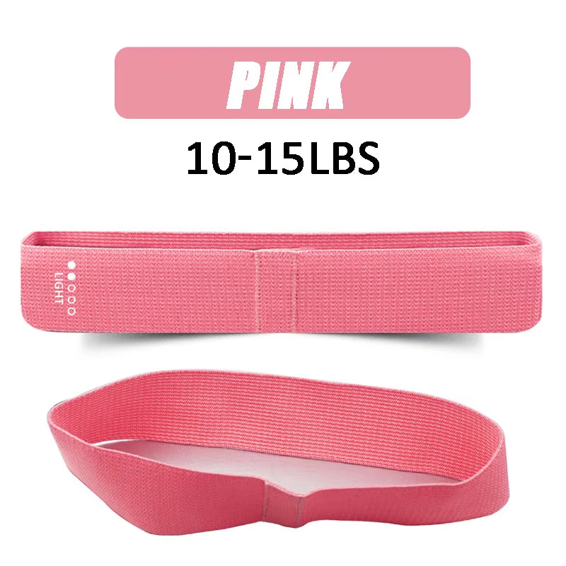 Pink fabric resistance loop band 10-15 lbs – light level, front and side view