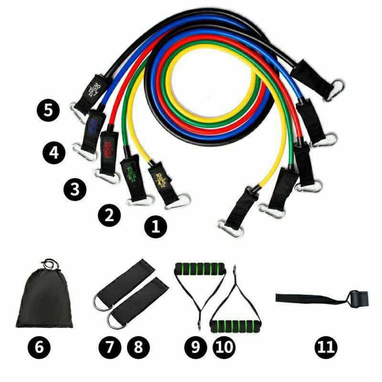 Complete resistance bands set laid out – bands, handles, ankle straps and door anchor