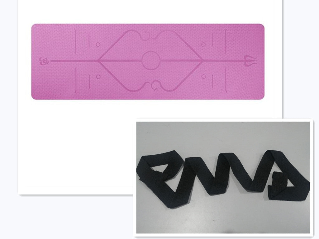 Beginner yoga woman stretching on position lines mat – perfect alignment pose