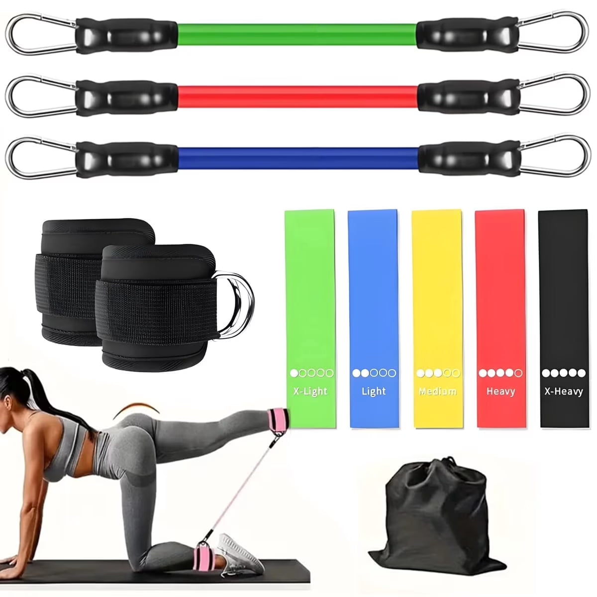 11-piece ankle resistance band set with cuffs, 5 loop bands and carry bag