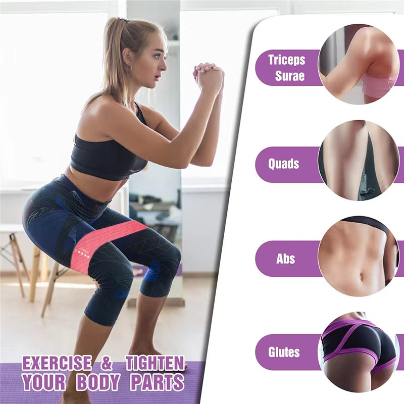 Woman doing squat with resistance loop band – targeting glutes, quads and abs