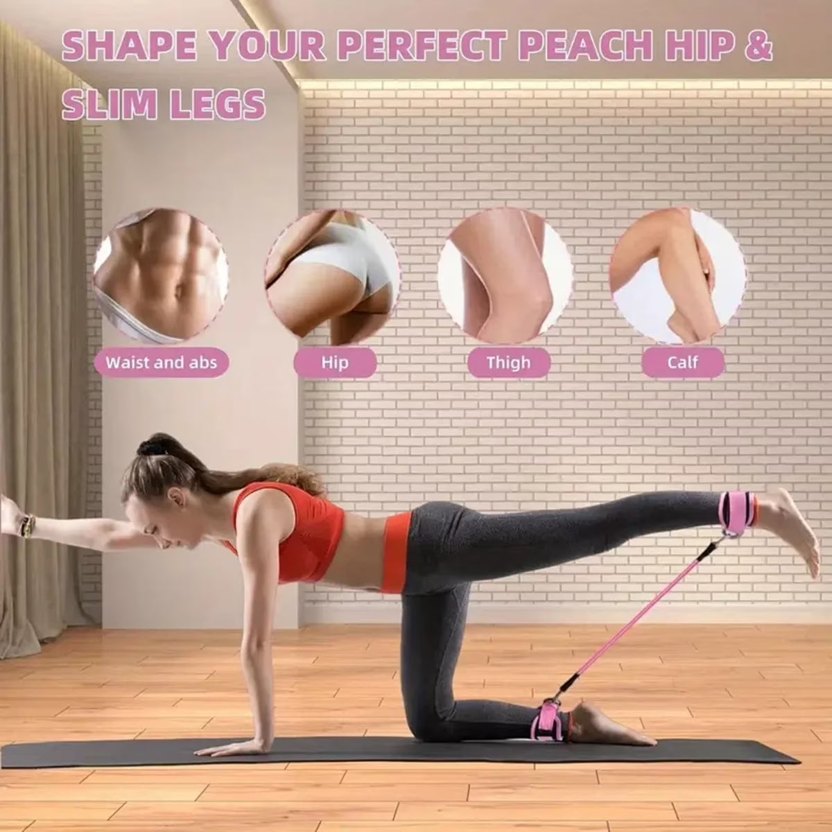 Woman training legs and glutes with ankle resistance bands on yoga mat