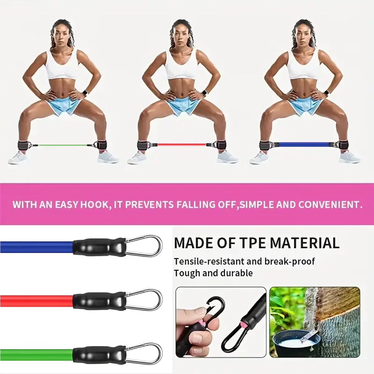 Three women doing sumo squats with ankle resistance bands – lower body training