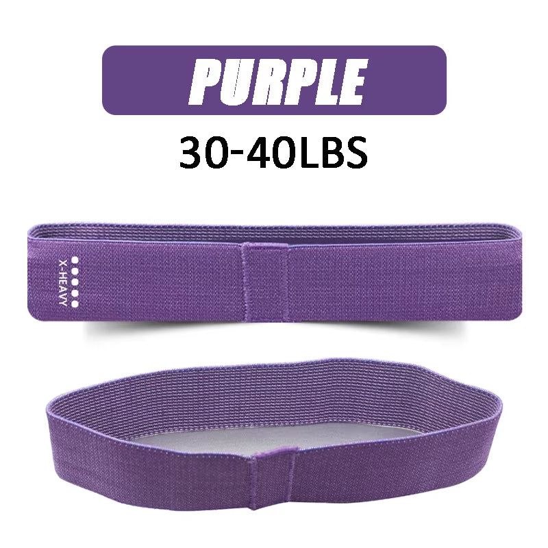 Purple fabric resistance loop band 30-40 lbs – x-heavy level, front and side view
