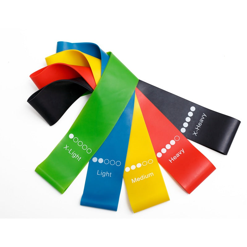Yoga and pilates resistance bands set with 5 resistance levels on white background