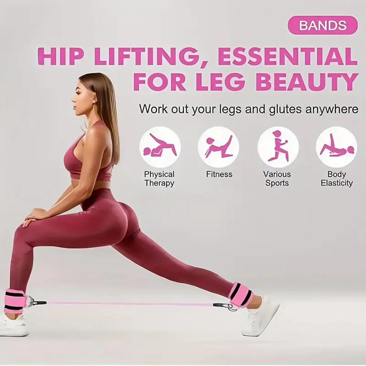 Woman doing lunge with ankle resistance bands – hip lifting and glute workout