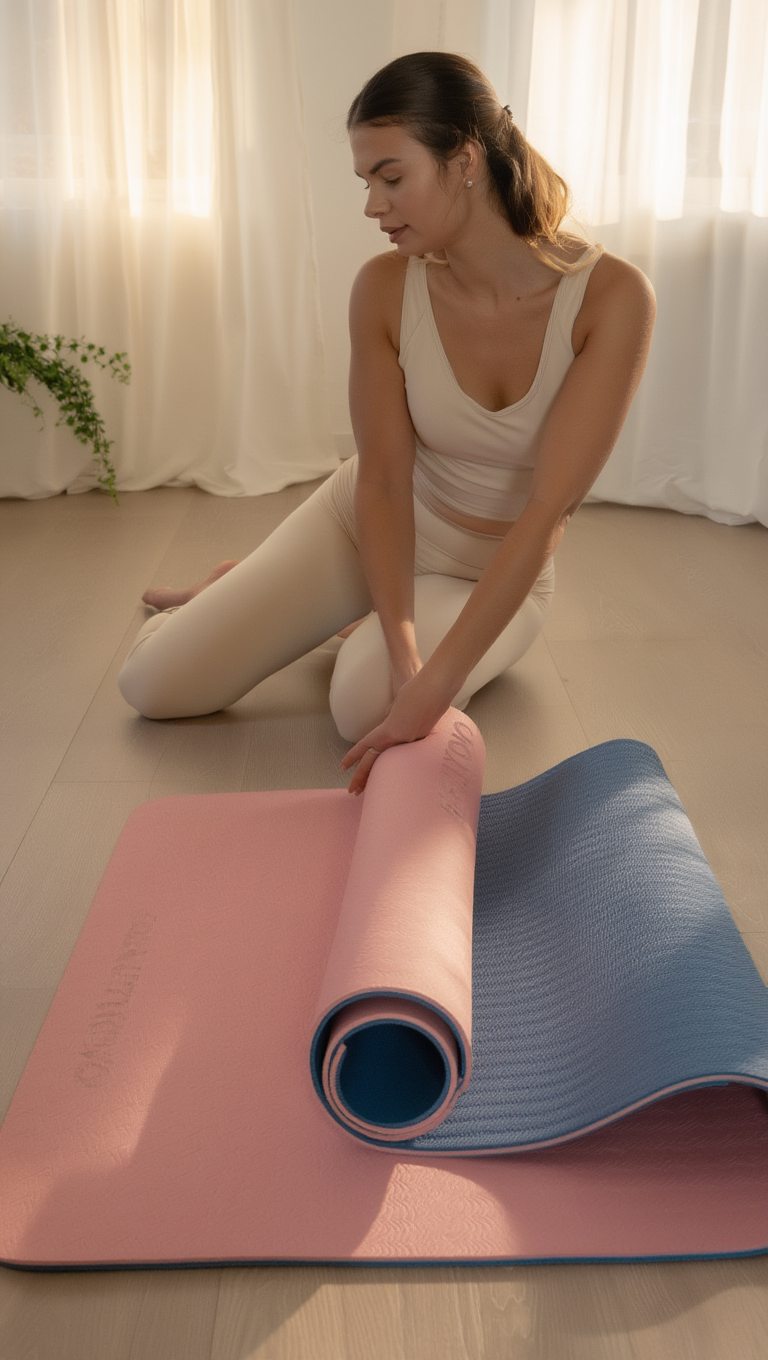 Woman unrolling Lyvux yoga mat – soft morning light