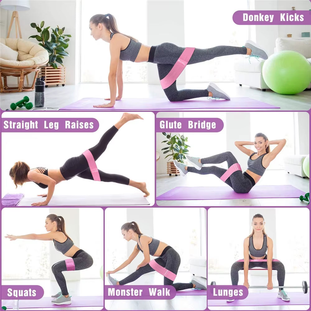6 resistance band exercises – donkey kicks, squats, glute bridge and straight leg raises