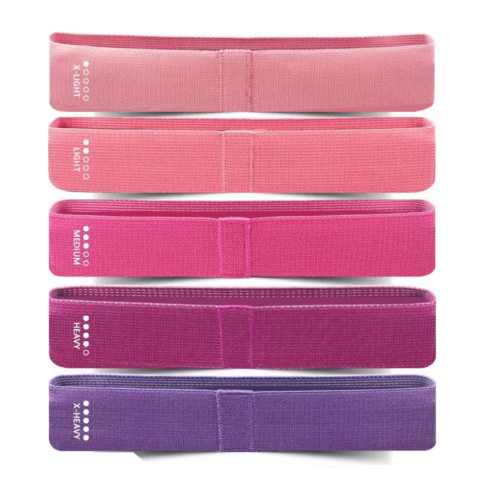 5 fabric resistance loop bands stacked by resistance level – pink to purple