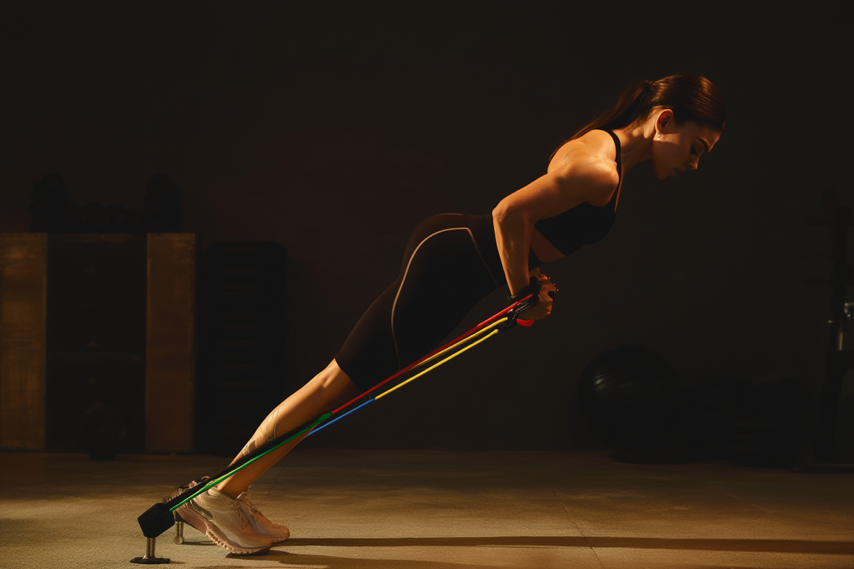 Woman doing low row exercise with Lyvux resistance bands – full body home gym workout
